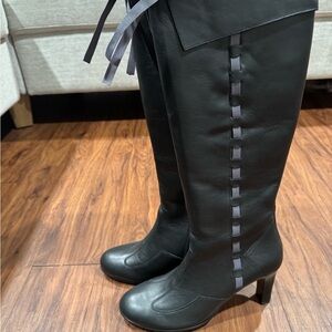 Jette Black Over the Knee Boots with Ribbon Detail